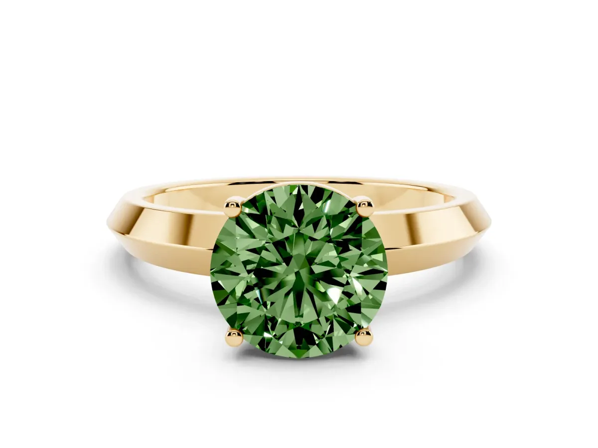 Fancy Green Round Cut Cut Solitaire Engagement Ring with Flat Band and Four-Prong Setting Yellow gold
