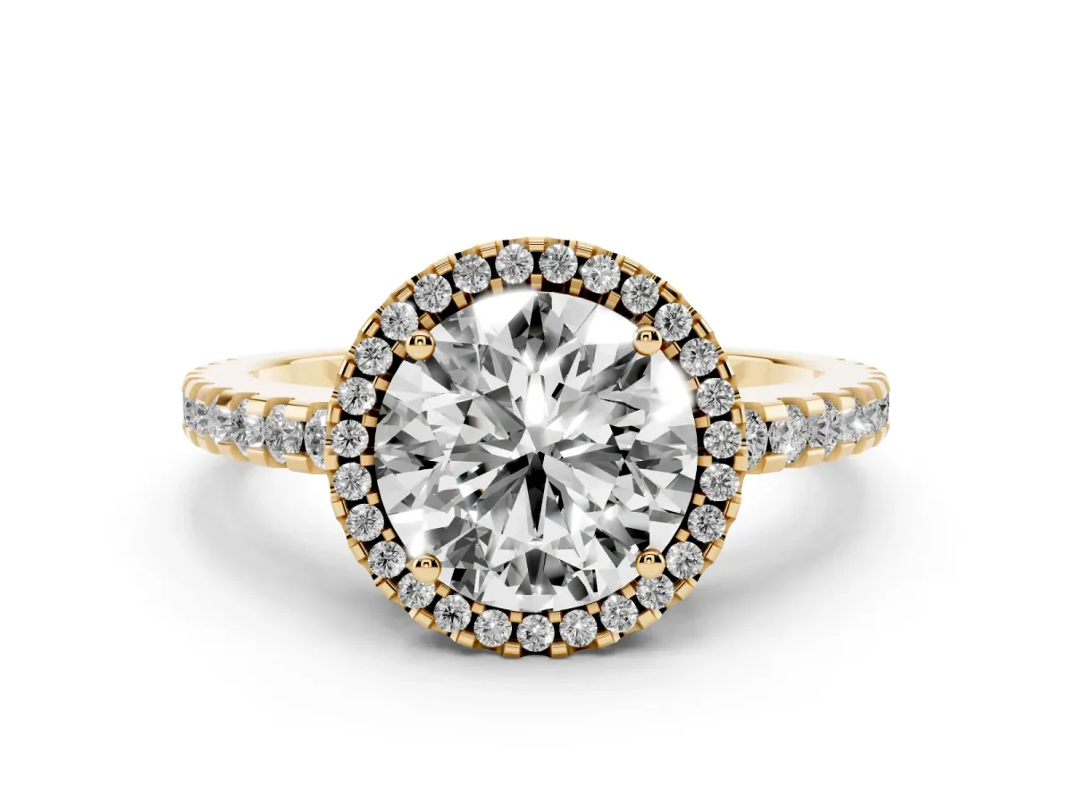 Round Cut Diamond Halo Engagement Ring with Pavé Band and Prong Setting Yellow gold