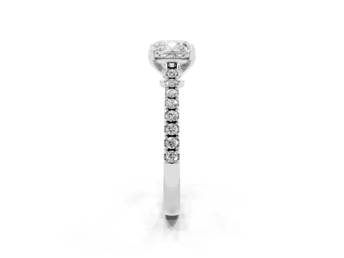 Cushion Cut Cut Solitaire Diamond Engagement Ring with Pave Band and Four-Prong Setting White gold