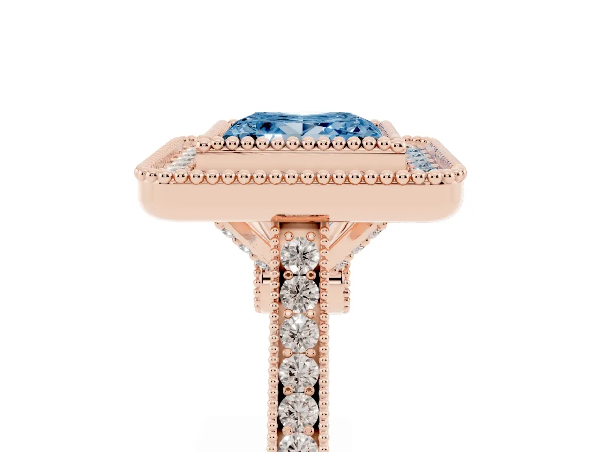 Fancy Blue Princess Cut Diamond Halo Ring with Milgrain Frame and Pavé Band Rose gold