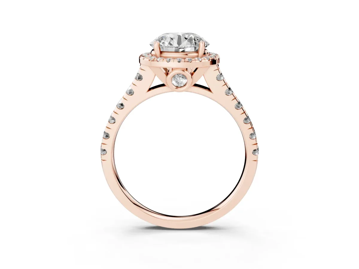 Round Cut Halo Pavé Diamond Engagement Ring with Four-Prong Setting Rose gold