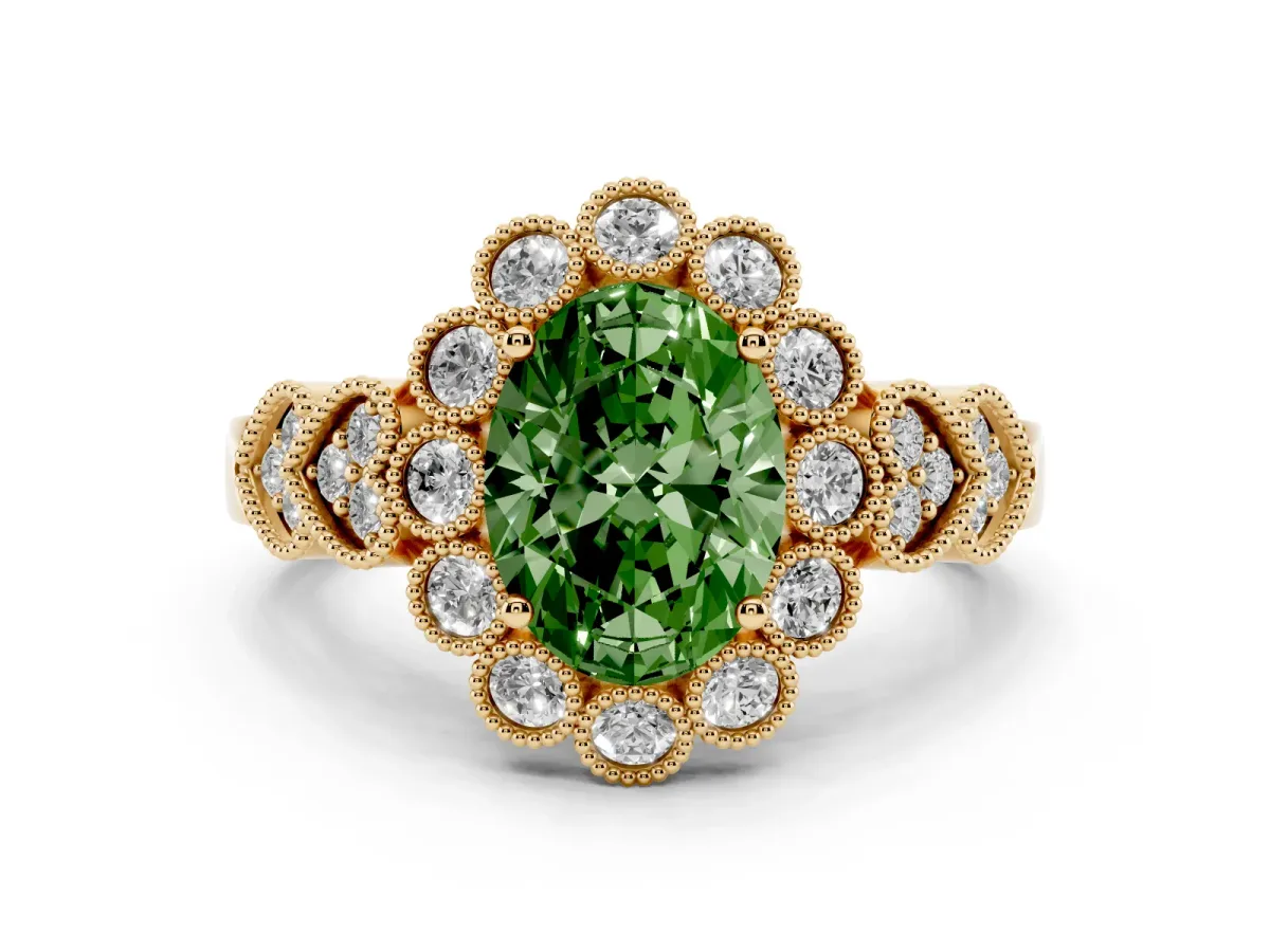 Fancy Green Oval Cut Brilliant Milgrain Pave Heart Band Solitaire Ring Yellow gold