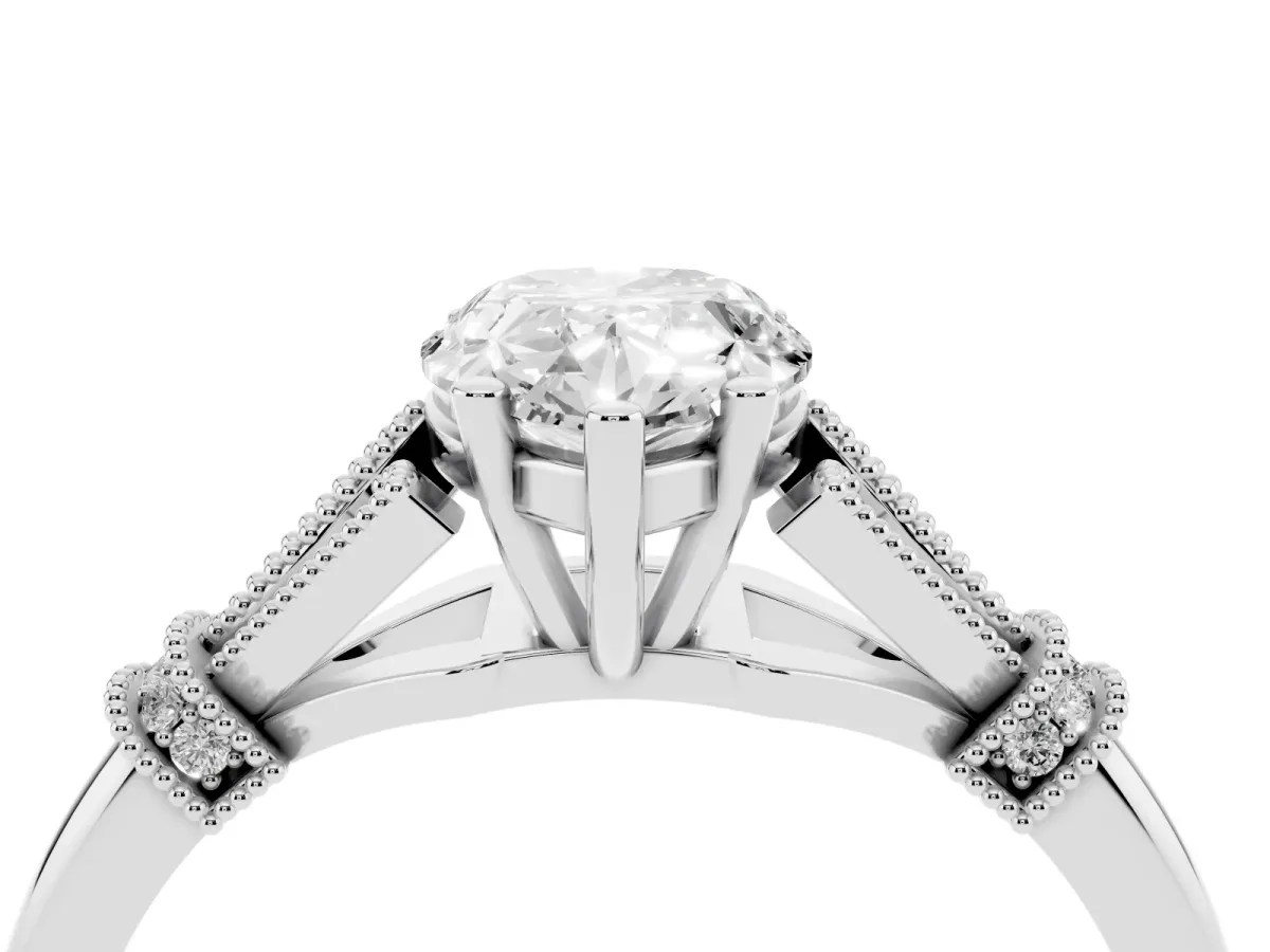 Pear Cut Diamond Solitaire Ring with Floral Filigree and Pave Accents Silver