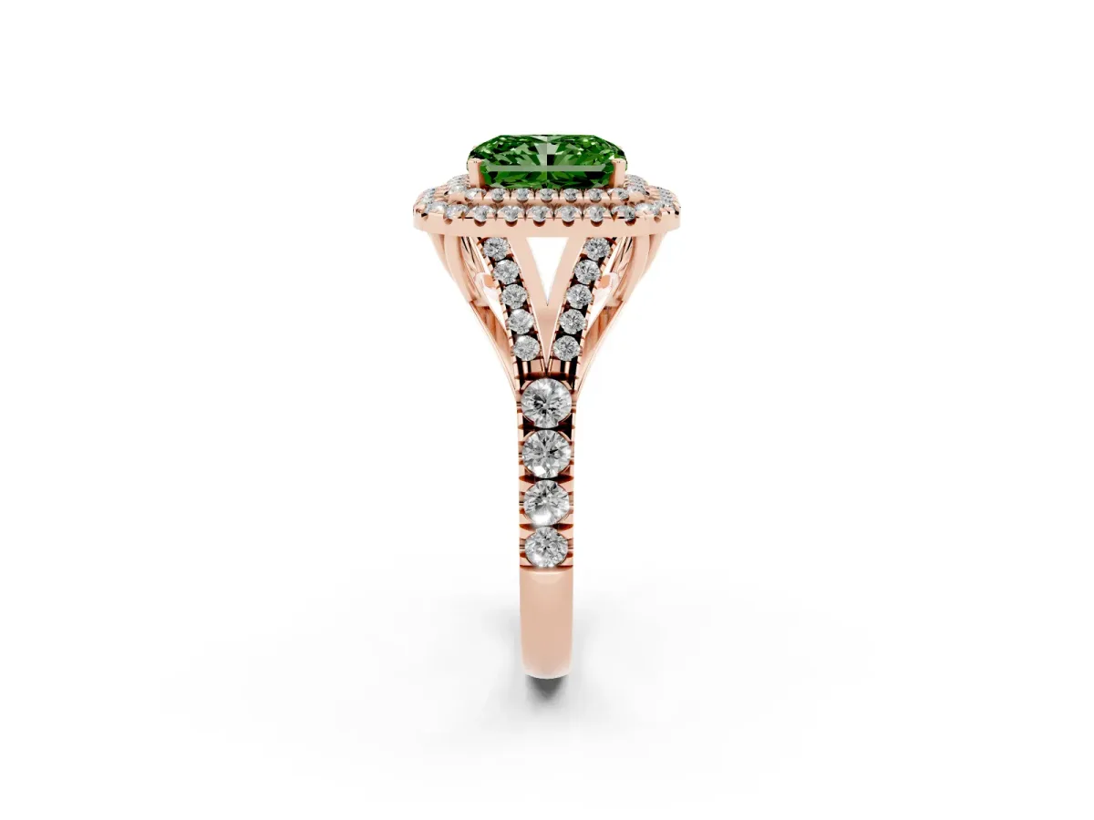 Fancy Green Radiant Cut Cut Double Halo Split Shank Diamond Ring with Prong Setting Rose gold