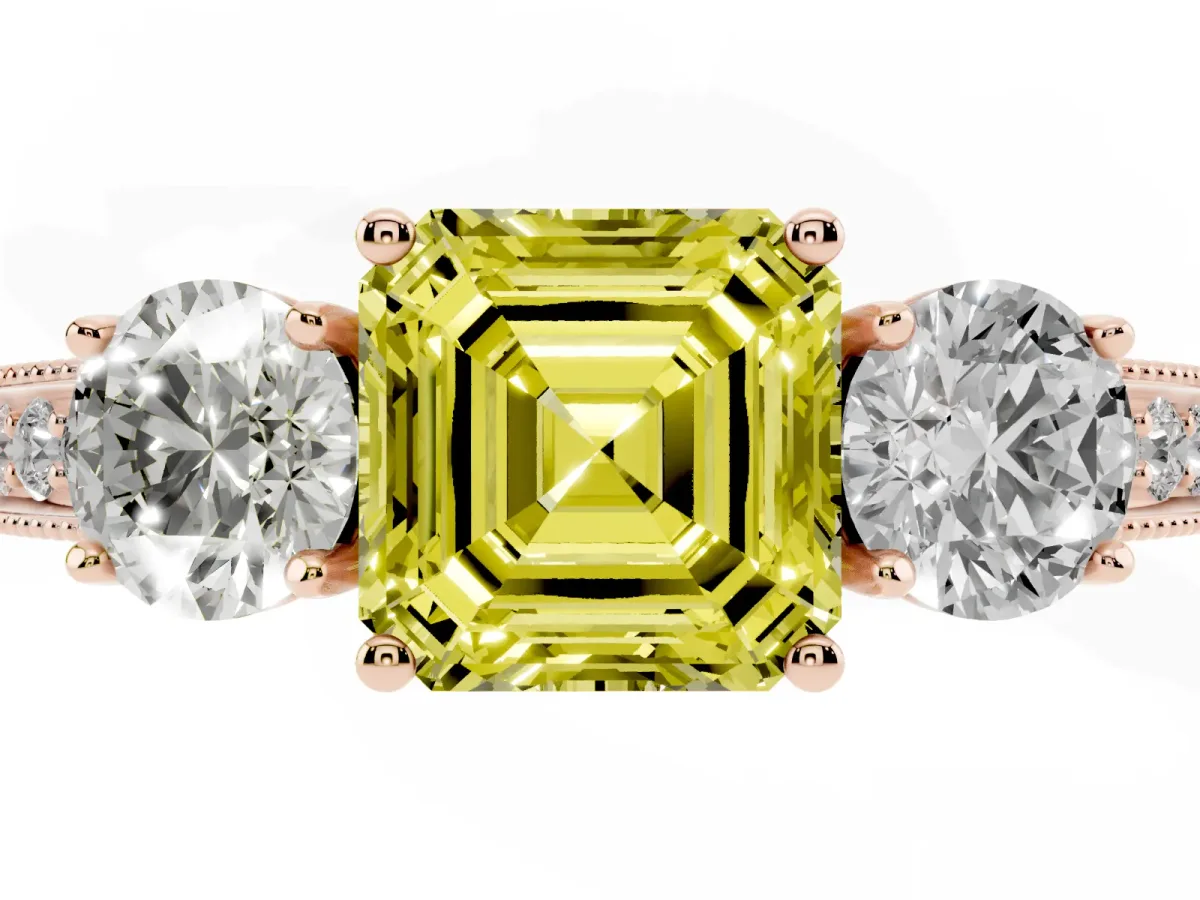 Fancy Yellow Asscher Cut Three-Stone Diamond Ring with Pavé Band and Four-Prong Setting Rose gold