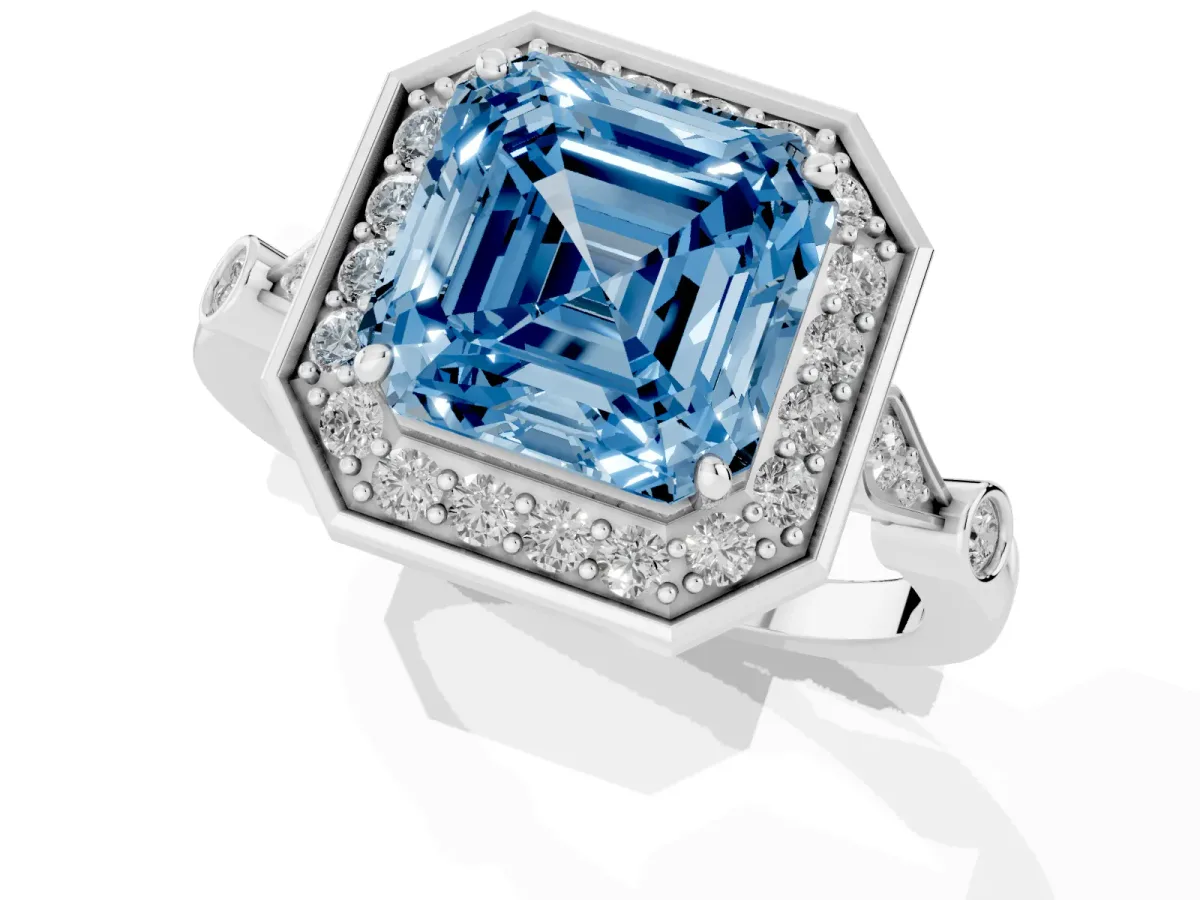 Fancy Blue Asscher Cut Halo Diamond Engagement Ring with Twisted Band and Four-Prong Setting White gold