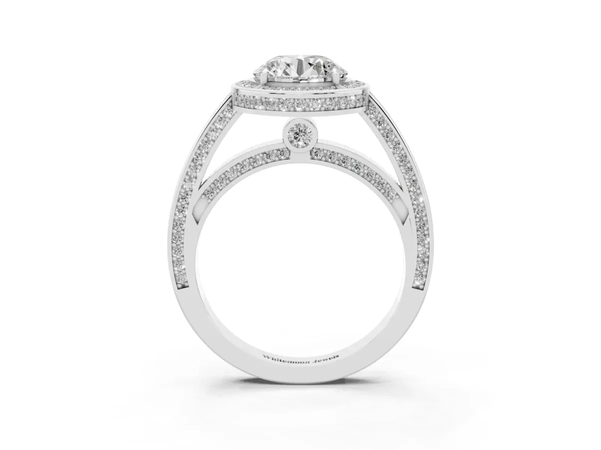 Round Cut Cut Halo Pave Split Shank Prong Setting Ring Platinum