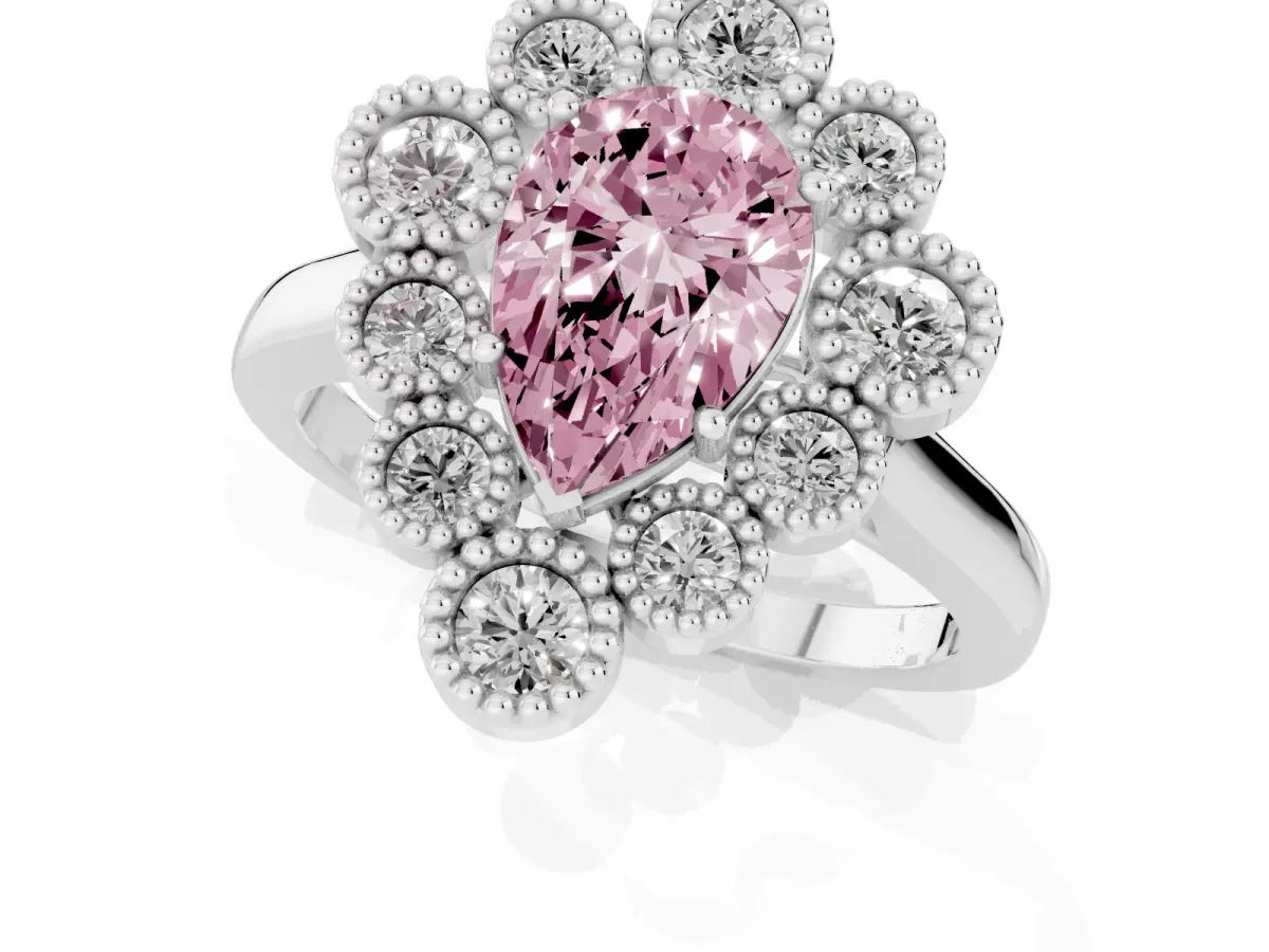 Fancy Pink Pear Cut Halo Diamond Cluster Engagement Ring with Milgrain Bezel Setting and Solitaire Band White gold