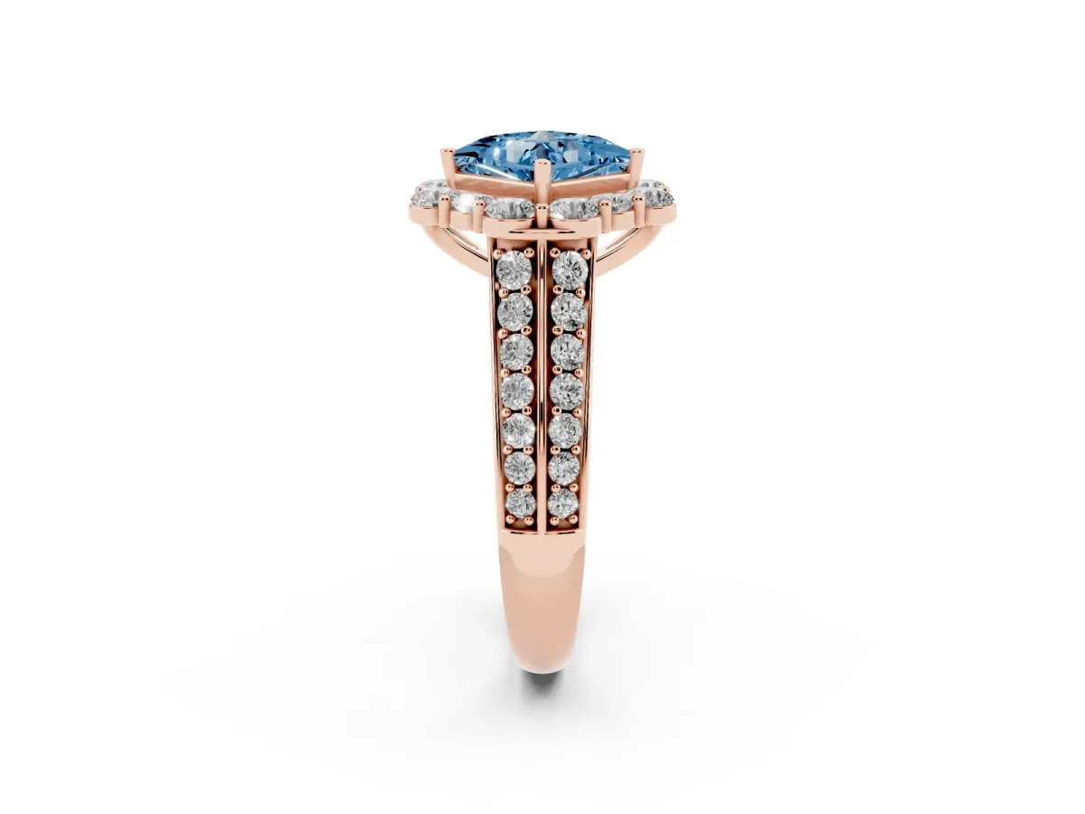 Fancy Blue Princess Cut Halo Diamond Engagement Ring with Split Shank and Prong Setting Rose gold