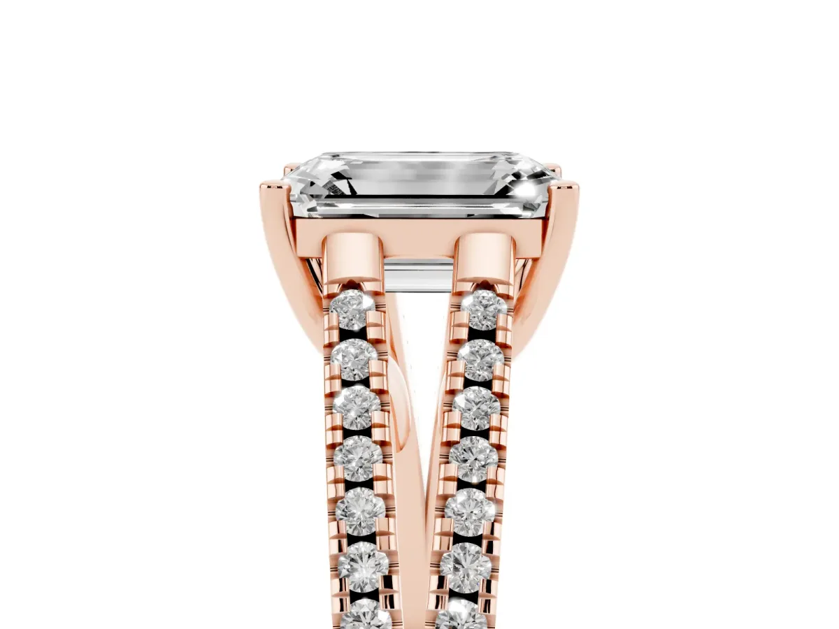 Emerald Cut Diamond Solitaire Engagement Ring with Split Shank Pavé Band Rose gold