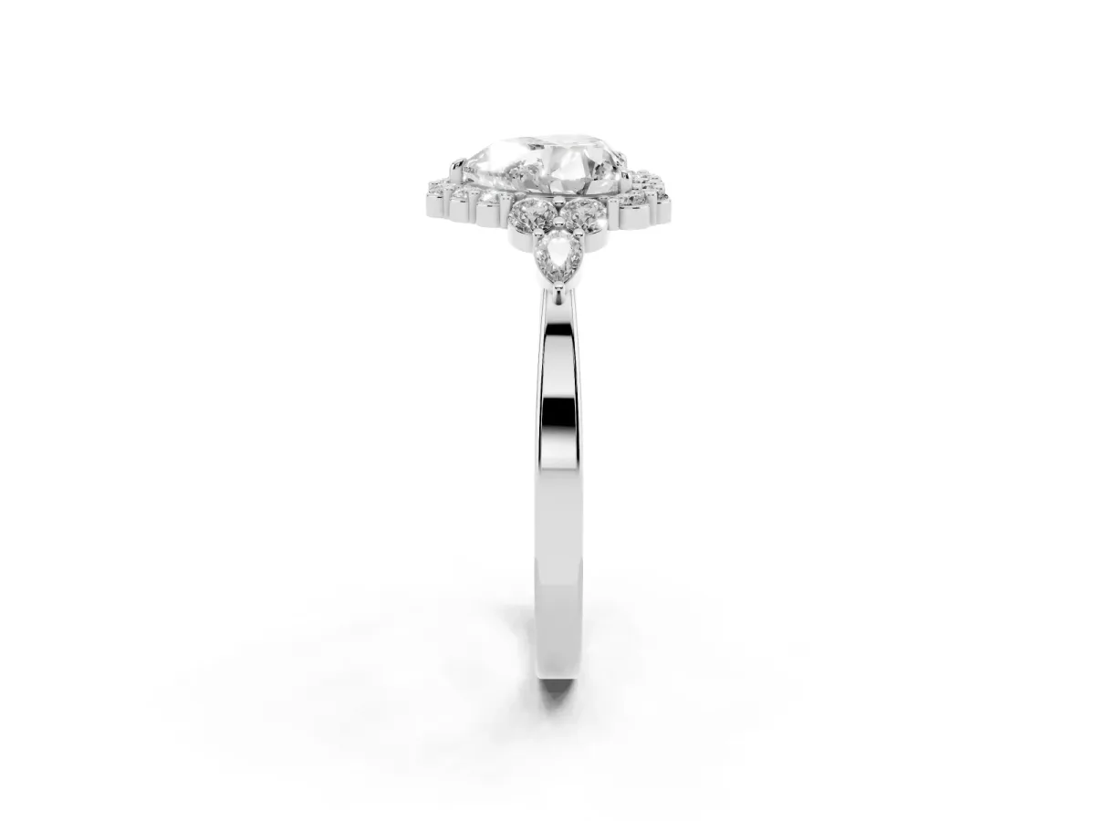 Heart Cut Diamond Halo Ring with Pear Side Stones and Prong Setting Silver
