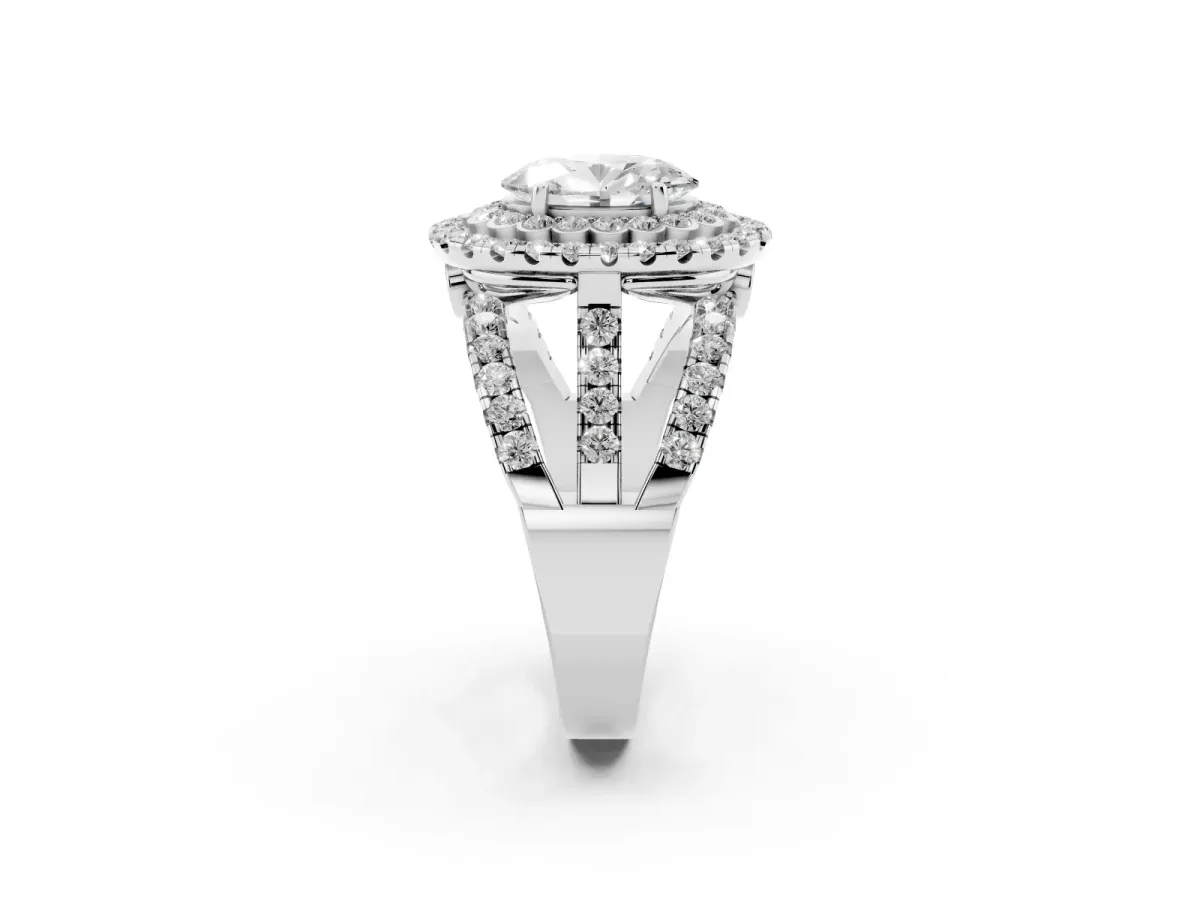 Oval Cut Diamond Double Halo Ring with Round Pavé Split Shank and Prong Setting Silver