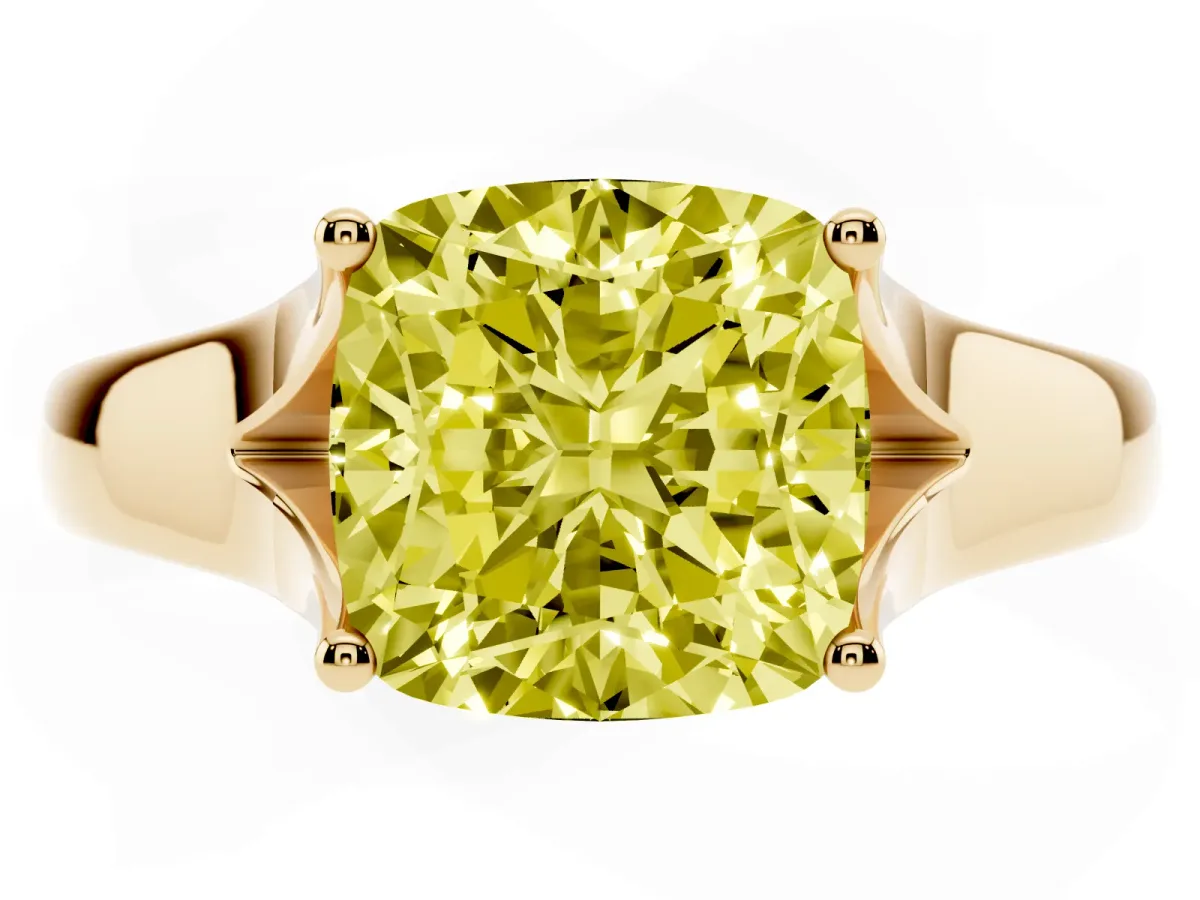 Fancy Yellow Cushion Cut Solitaire Diamond Ring with Cathedral Band and Four-Prong Setting Yellow gold