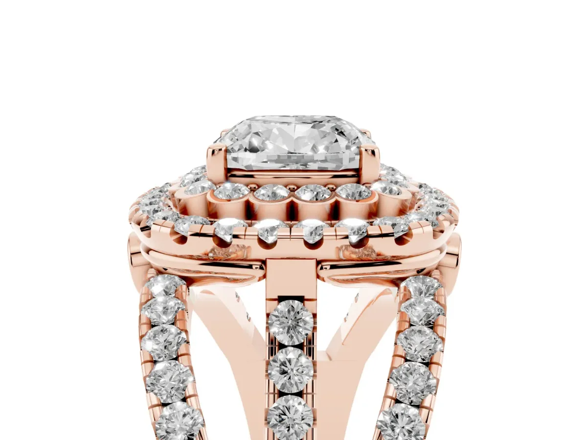 Cushion Cut Diamond Double Halo Ring with Round Pavé Split Shank and Prong Setting Rose gold