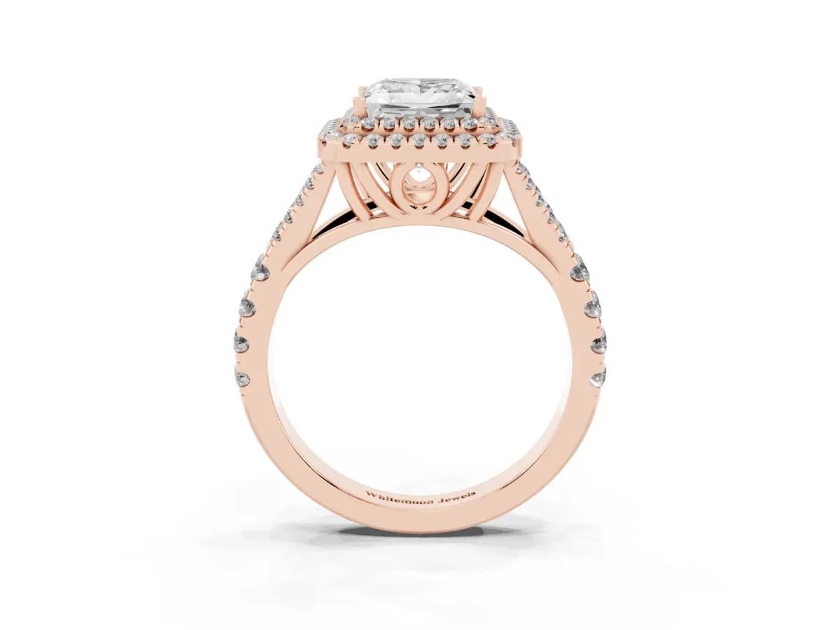 Princess Cut Diamond Pavé Split Shank Double Halo Engagement Ring Rose gold