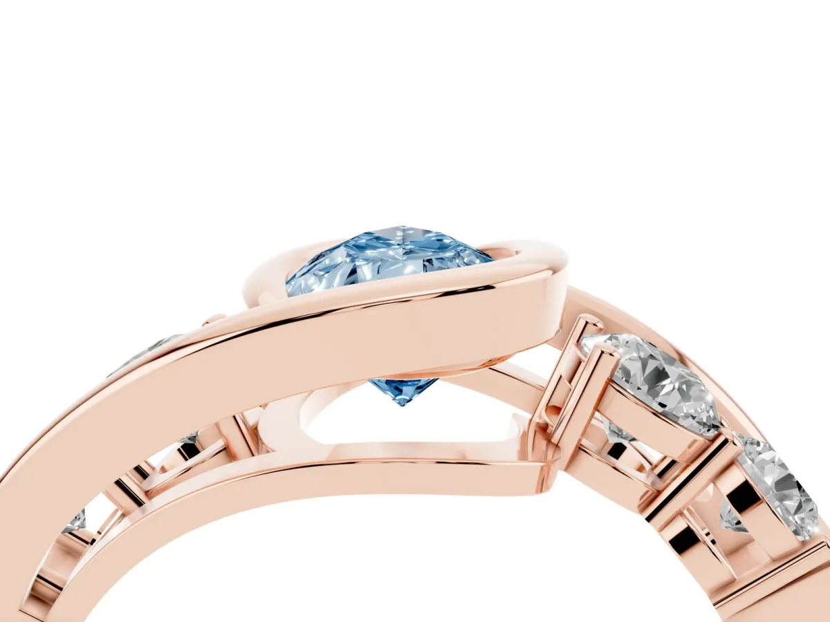 Fancy Blue Bezel Set Pear Cut Diamond Bypass Ring with Round Accents Rose gold