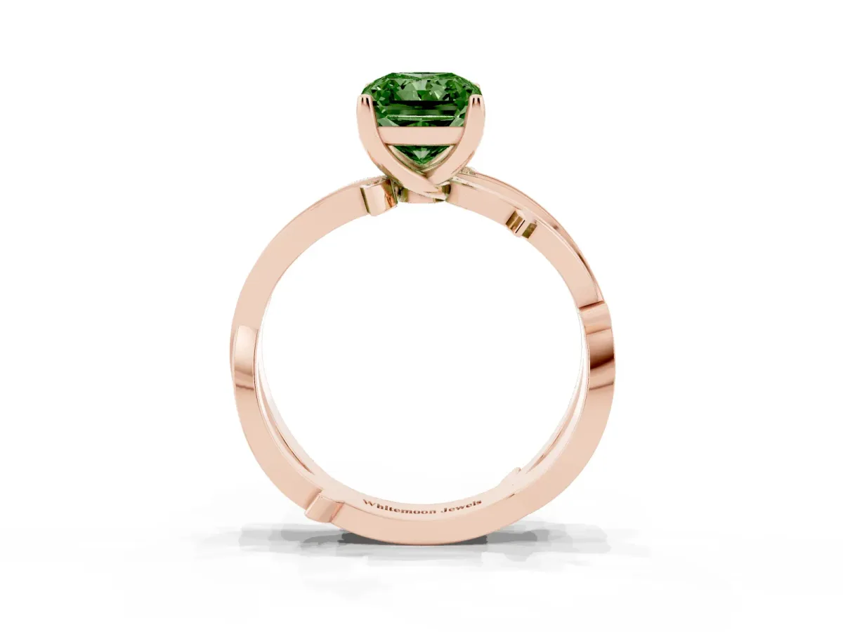 Fancy Green Radiant Cut Solitaire Twist Band with Pavé Accents and Four-Prong Setting Rose gold