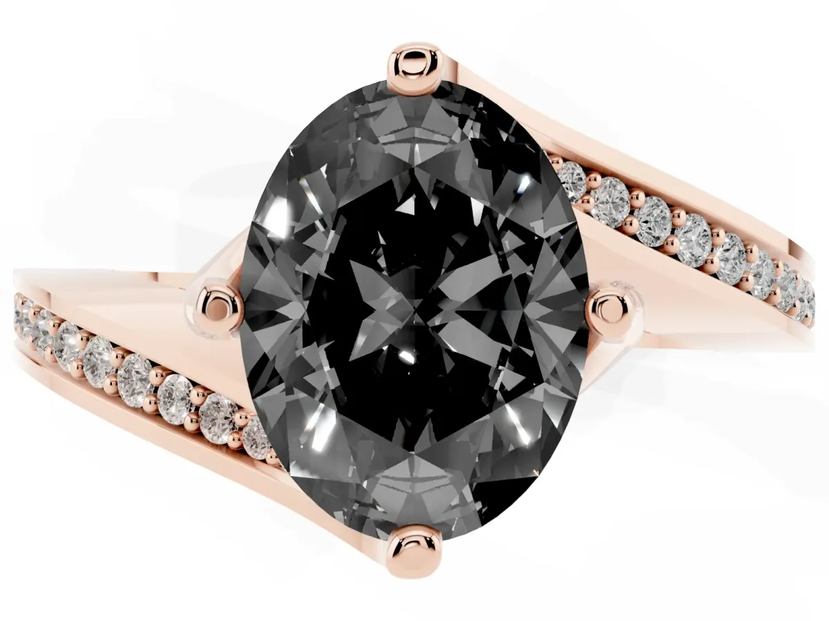 Fancy Black Oval Cut Solitaire Diamond Twist Band with Pavé Setting and Four-Prong Setting Rose gold