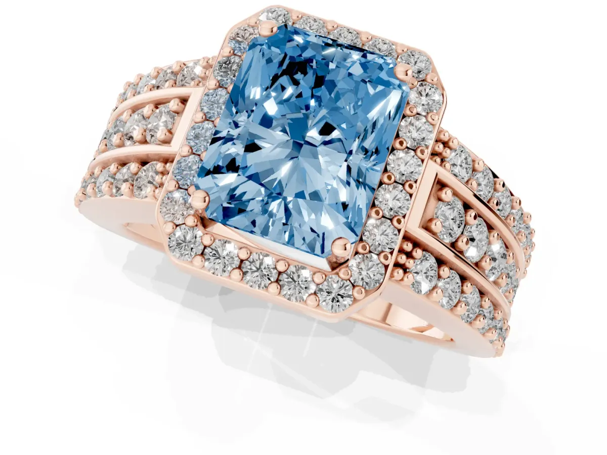 Fancy Blue Radiant Cut Halo Diamond Ring with Round Split Shank and Prong Setting Rose gold