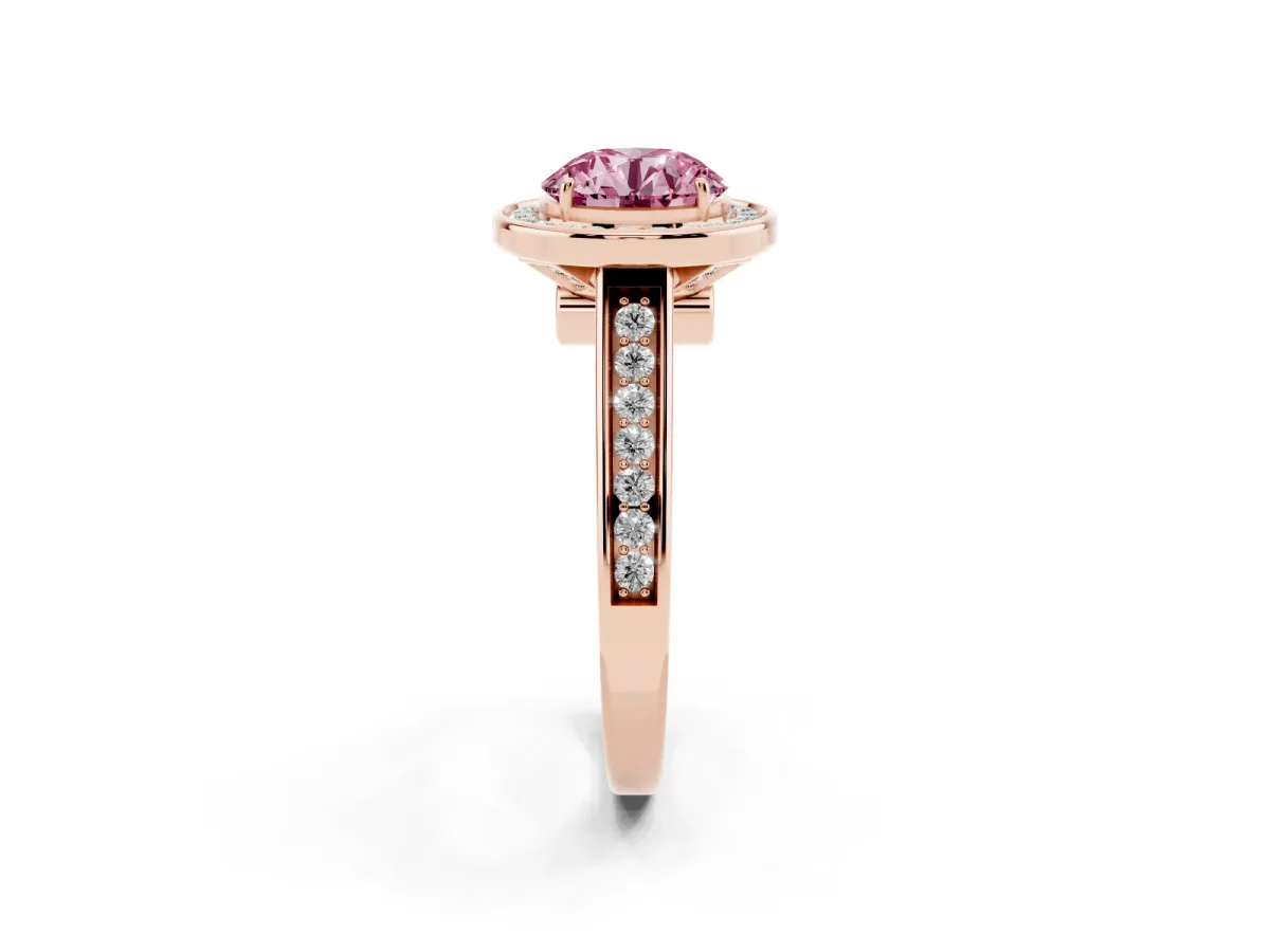 Fancy Pink Round Cut Halo Solitaire Diamond Ring with Pave Band and Bezel Setting Rose gold