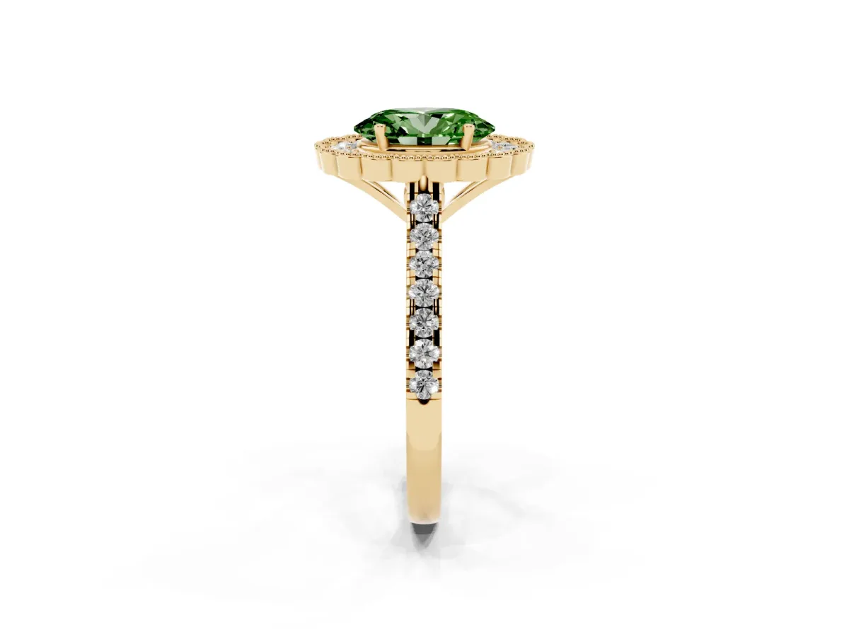 Fancy Green Oval Cut Cut Diamond Milgrain Floral Halo Engagement Ring with Pavé Band Yellow gold