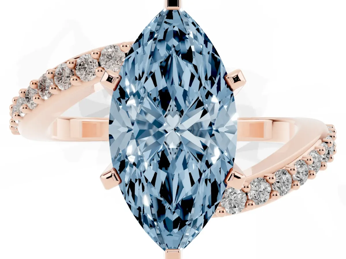 Fancy Blue Marquise Cut Solitaire Twist Band with Pave Set Diamonds and Four-Prong Setting Rose gold