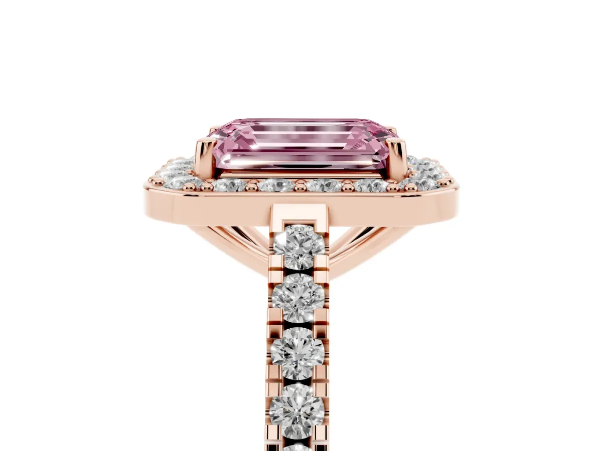 Fancy Pink Emerald Cut Diamond Halo Ring with Round Pavé Split Shank and Prong Setting Rose gold