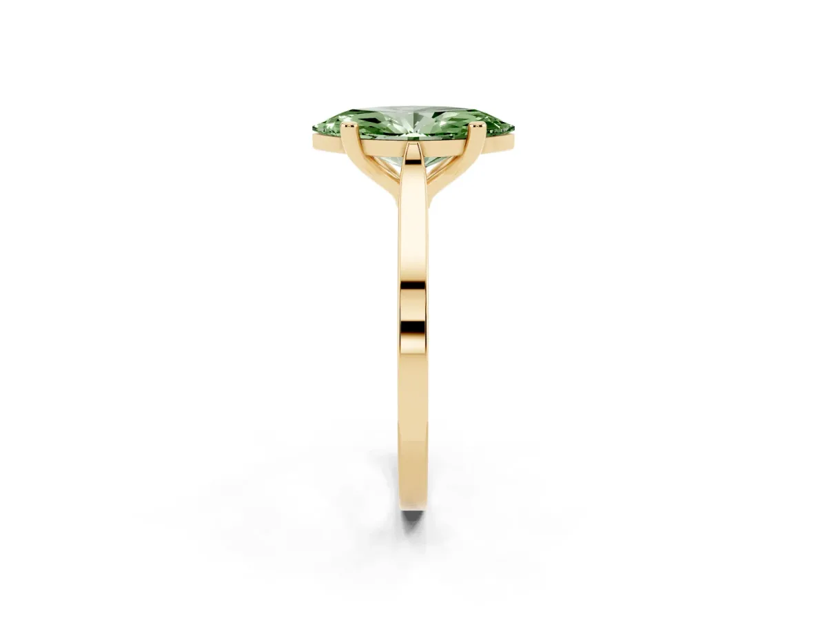 Fancy Green Marquise Cut Solitaire Diamond Ring with Four-Prong Setting and Tapered Band Yellow gold