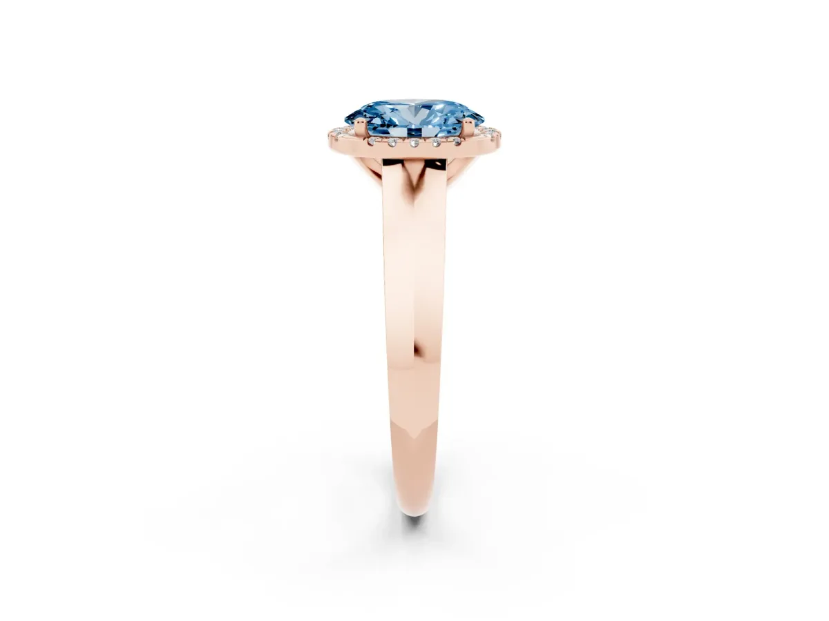 Fancy Blue Oval Cut Halo Diamond Ring with Cathedral Band and Four-Prong Setting Rose gold