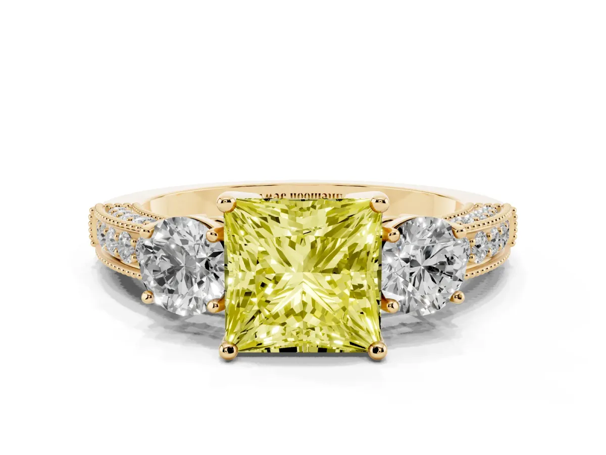 Fancy Yellow Princess Cut Three-Stone Diamond Ring with Pavé Band and Four-Prong Setting Yellow gold