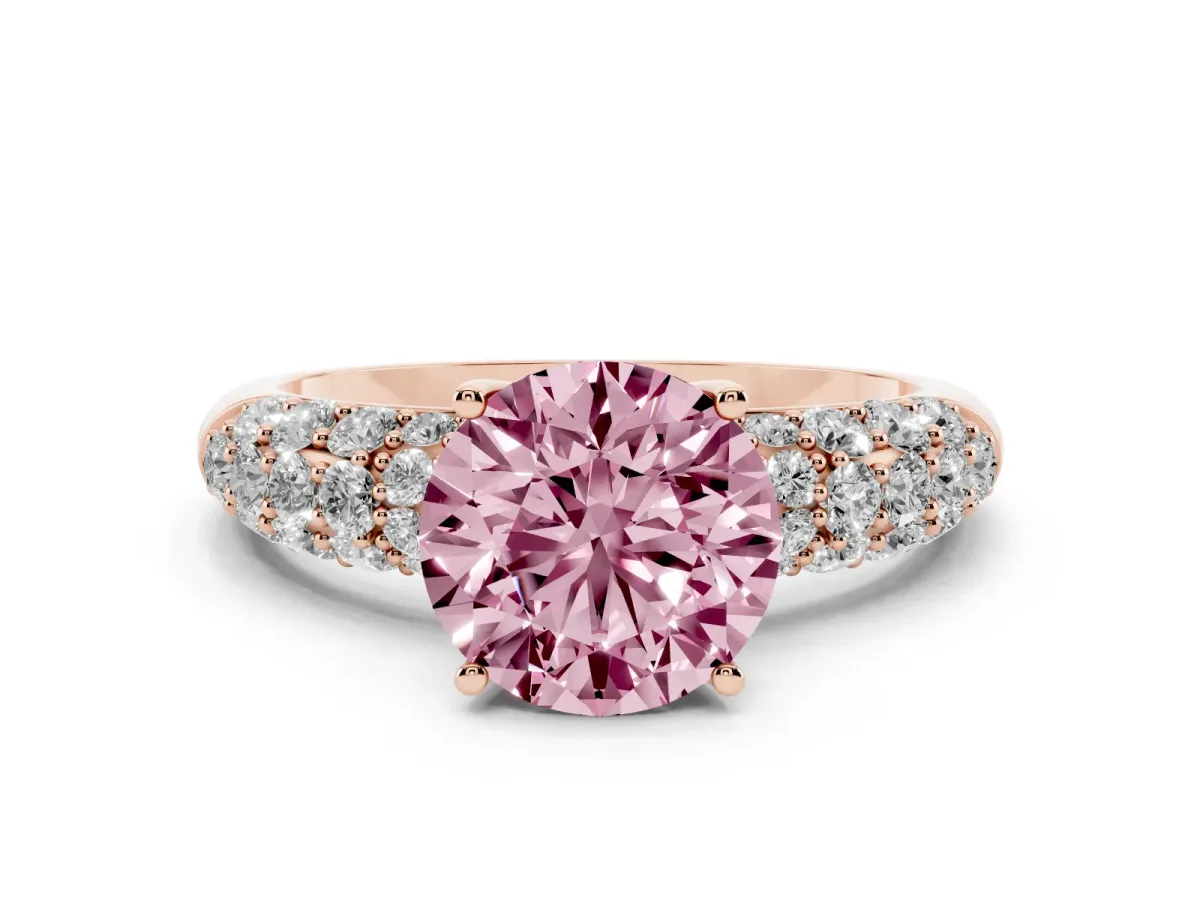 Fancy Pink Round Cut Diamond Pavé Band Solitaire Ring with Four-Prong Setting Rose gold