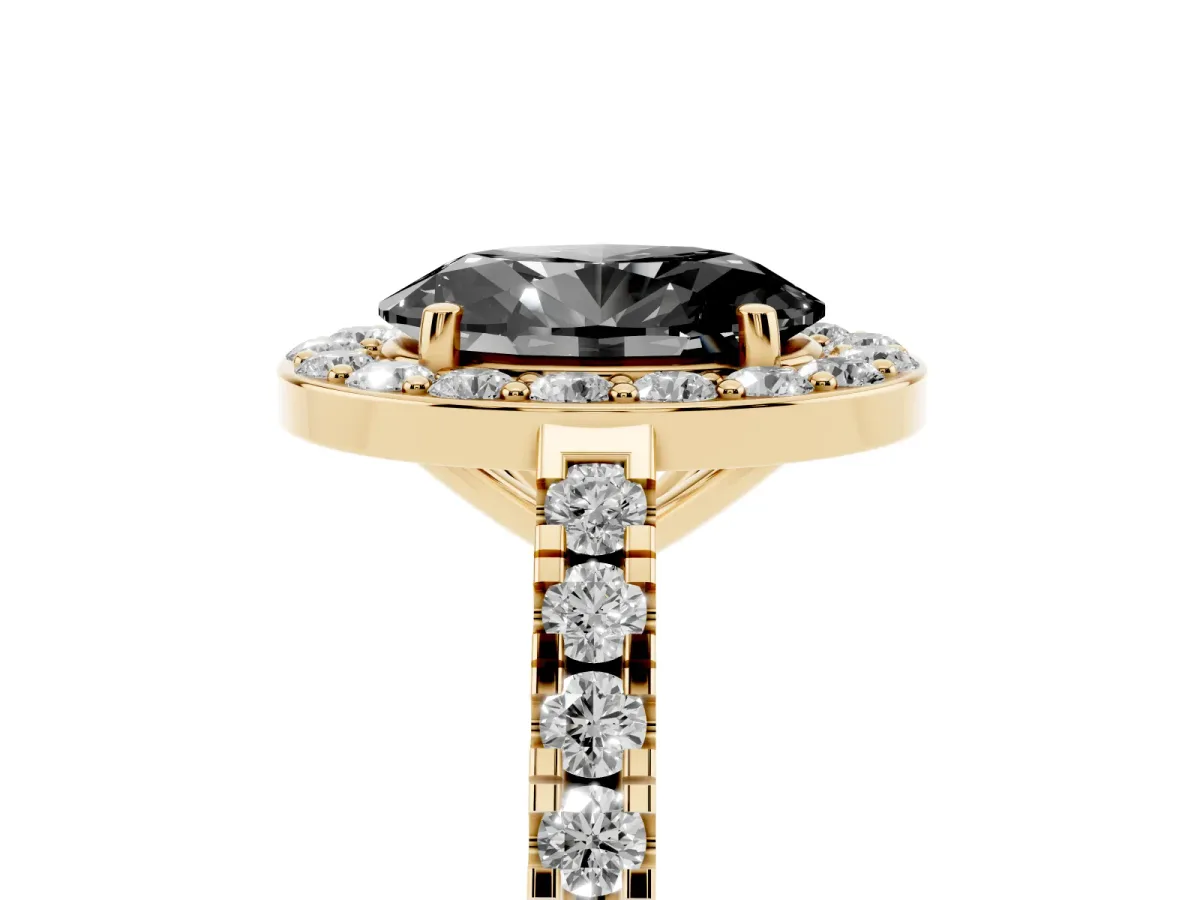 Fancy Black Oval Cut Diamond Halo Ring with Round Pavé Split Shank and Prong Setting Yellow gold