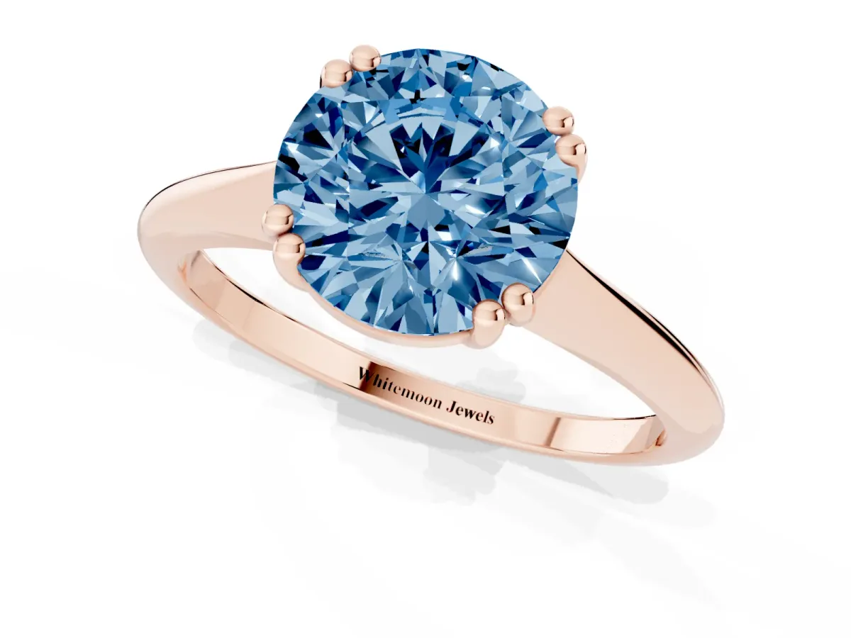 Fancy Blue Round Cut Solitaire Diamond Ring with Six-Prong Setting and Classic Band Rose gold