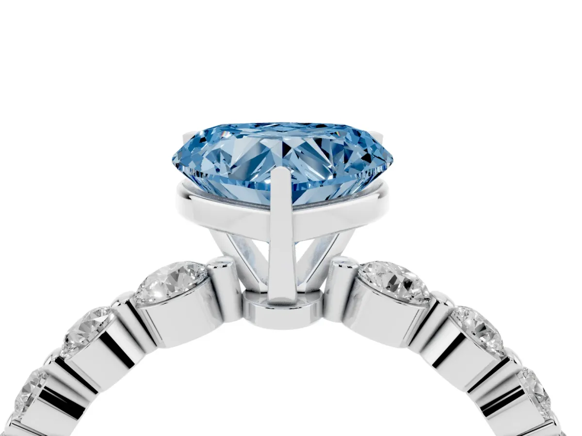 Fancy Blue Heart Cut Solitaire Diamond Ring with Pave Band and Four-Prong Setting Silver