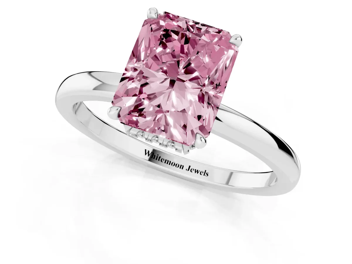 Fancy Pink Radiant Cut Solitaire Engagement Ring with Cathedral Band and Four-Prong Setting White gold