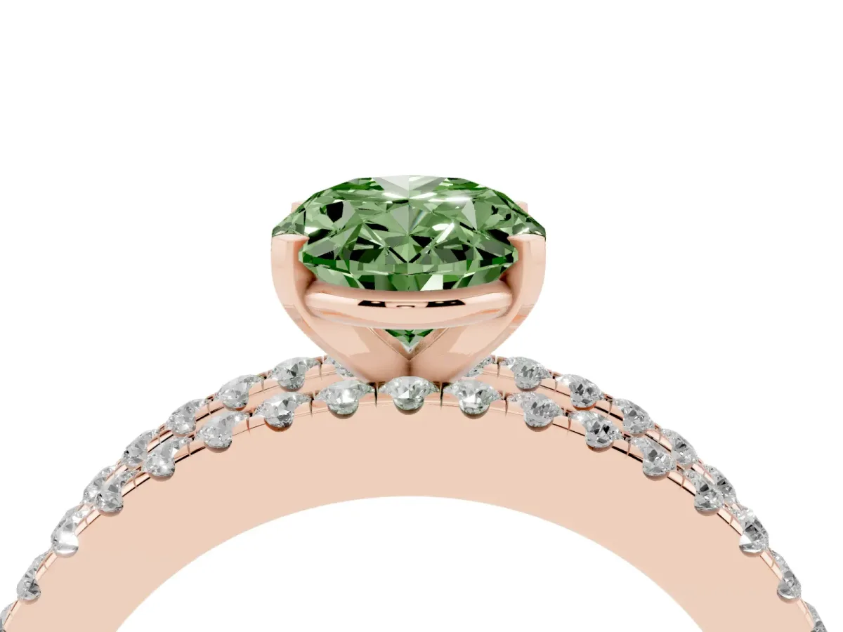 Fancy Green Oval Cut Diamond Solitaire Ring with Pavé and Channel Set Band Rose gold