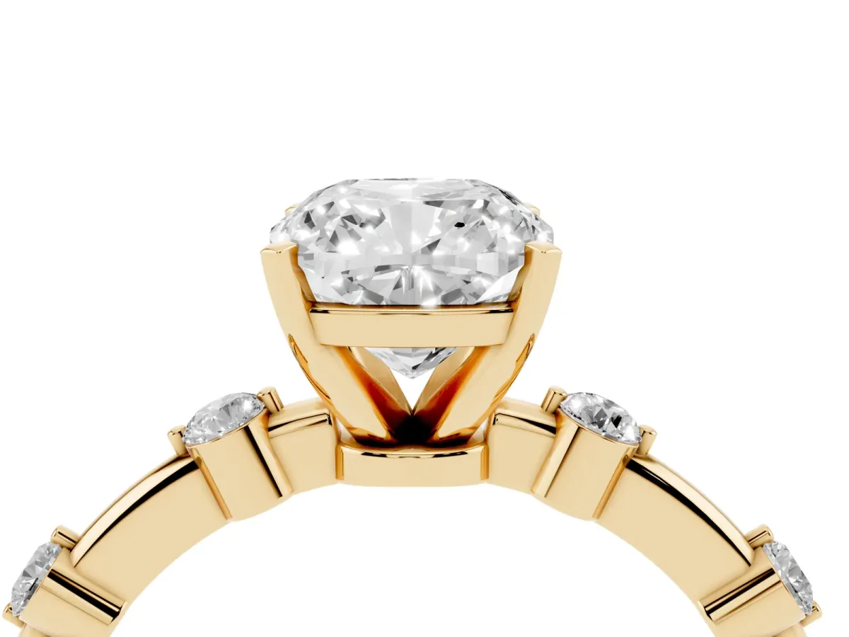 Cushion Cut Solitaire Diamond Ring with Bezel Set Side Stones and Prong Setting Yellow gold