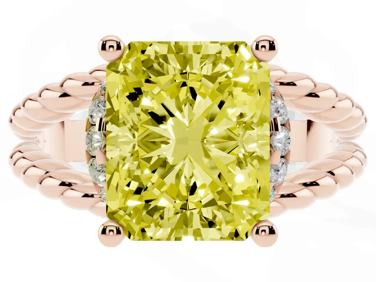 Fancy Yellow Radiant Cut Halo Twisted Band Four-Prong Ring Rose gold