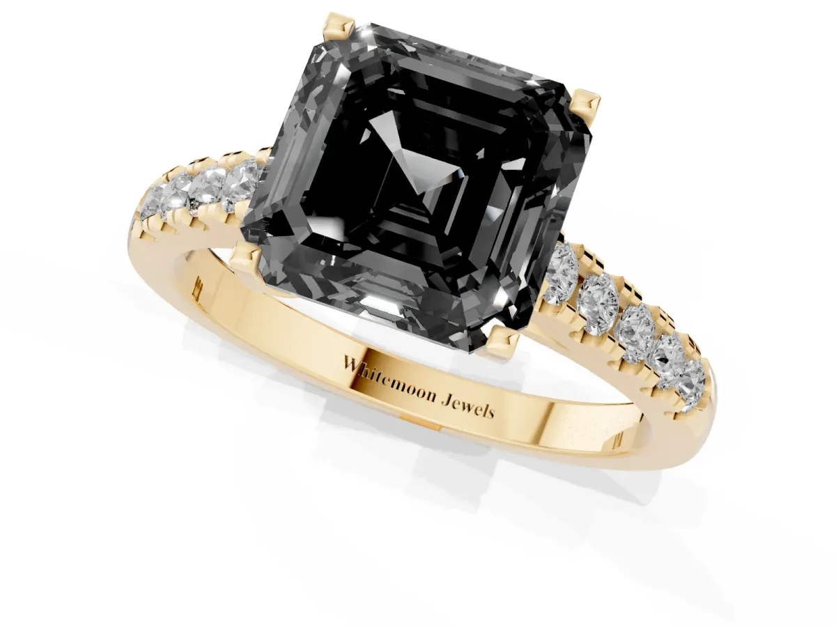 Fancy Black Asscher Cut Diamond Pavé Band Solitaire Ring with Prong Setting Yellow gold