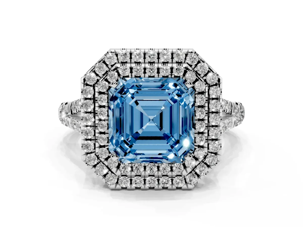 Fancy Blue Asscher Cut Diamond Pavé Split Shank Double Halo Engagement Ring Silver