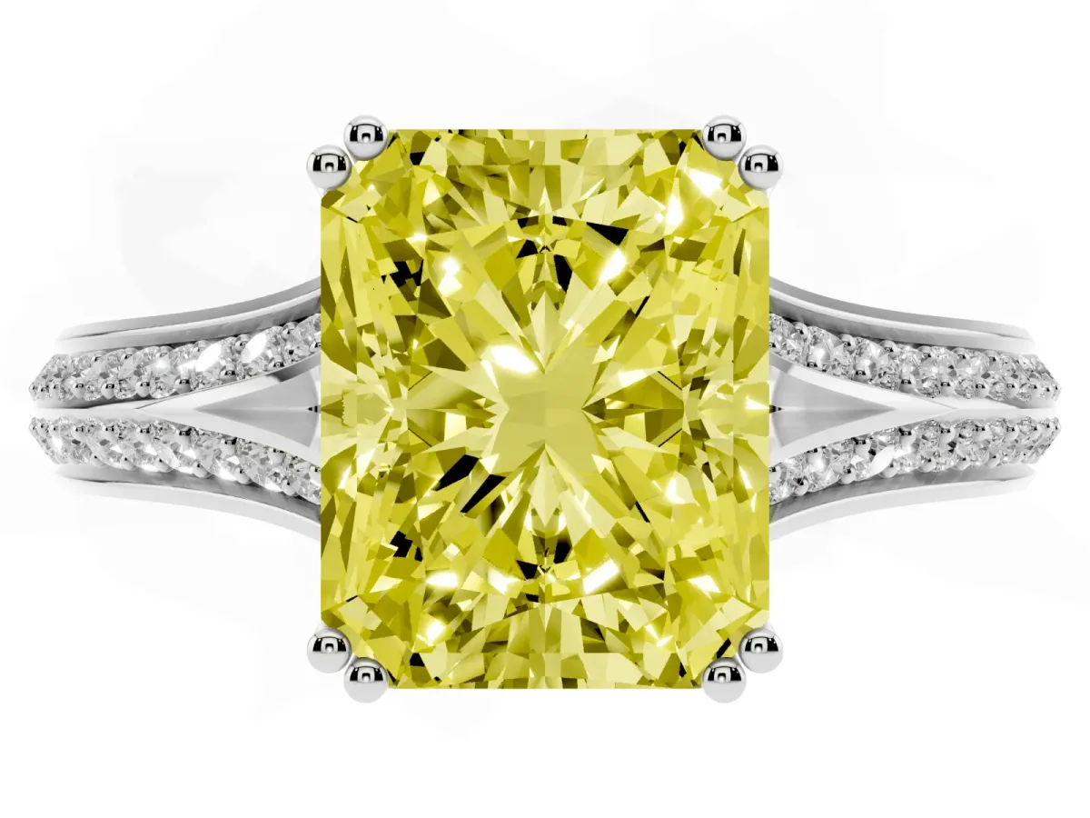 Fancy Yellow Radiant Cut Diamond Split Shank Engagement Ring with Pavé Band Platinum