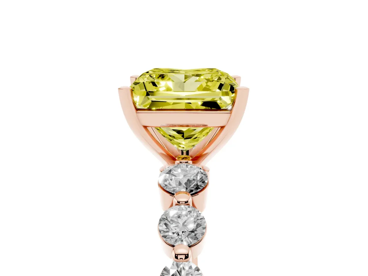 Fancy Yellow Princess Cut Solitaire Diamond Ring with Pave Band and Four-Prong Setting Rose gold