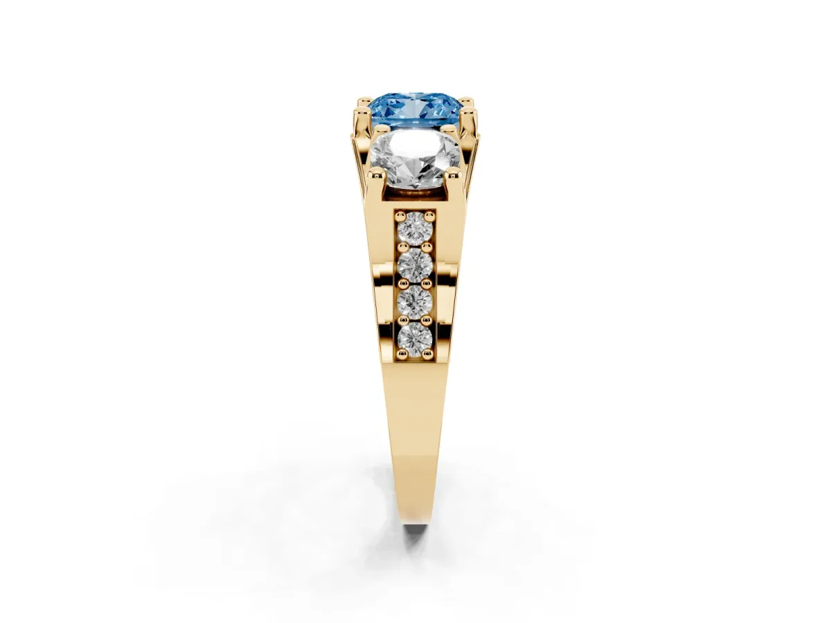Fancy Blue Cushion Cut Diamond Three-Stone Ring with Channel Set Band and Four-Prong Setting Yellow gold