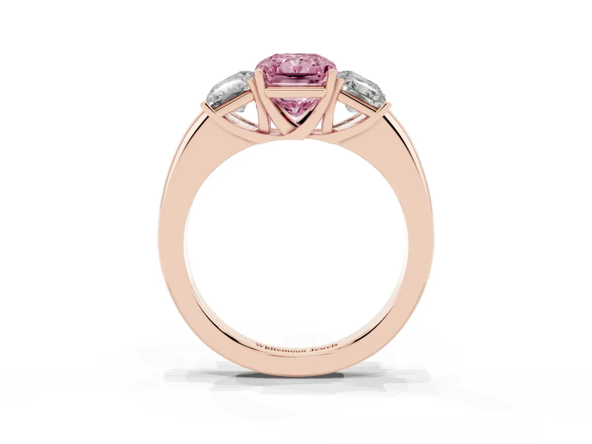 Fancy Pink Radiant Cut Diamond Three-Stone Ring with Four-Prong Setting and Classic Band Rose gold