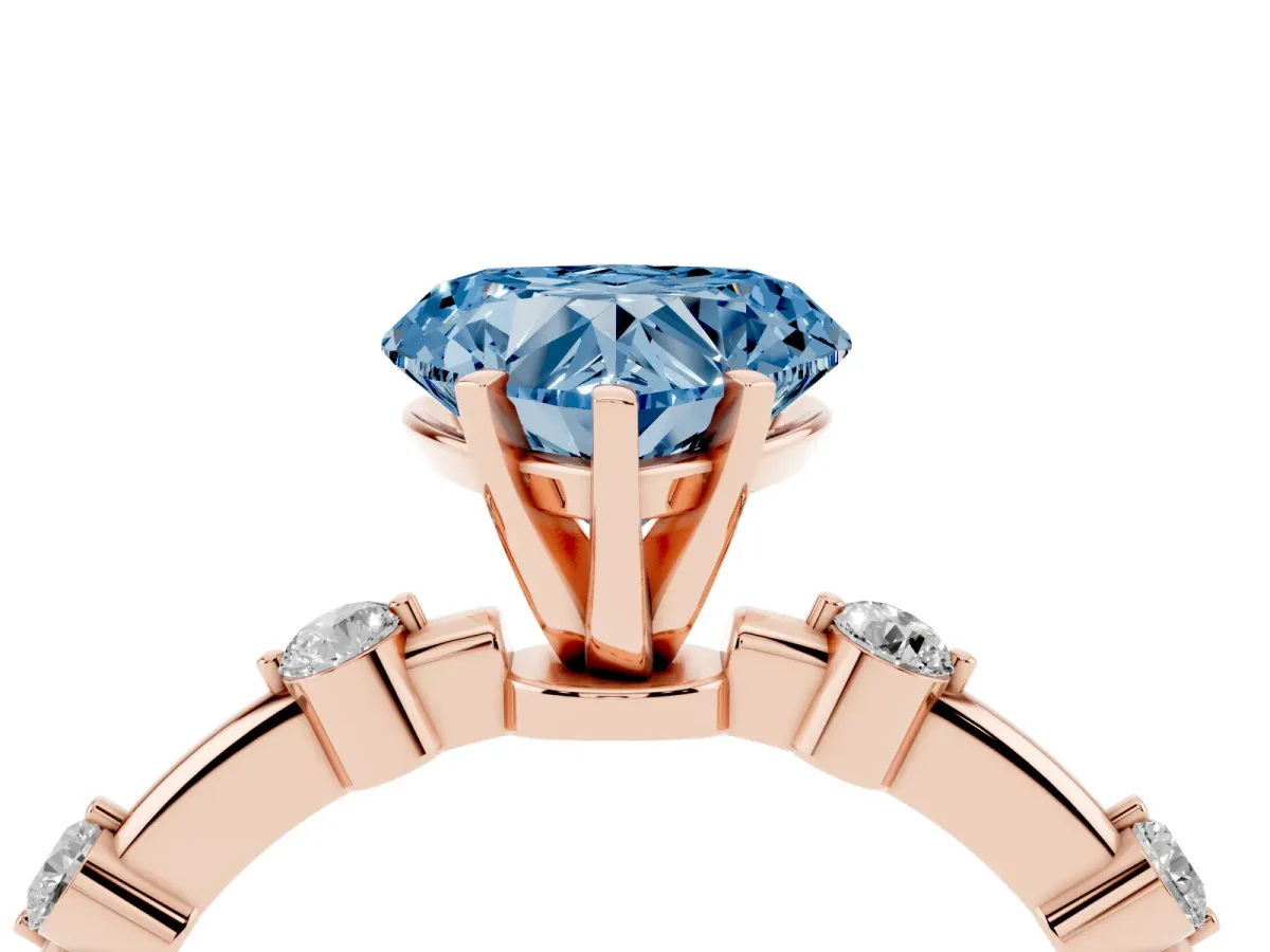 Fancy Blue Heart Cut Solitaire Diamond Ring with Bezel Set Side Stones and Prong Setting Rose gold