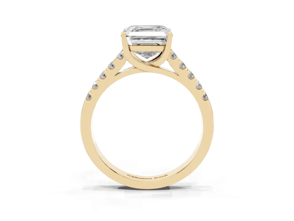Asscher Cut Diamond Pavé Band Solitaire Ring with Prong Setting Yellow gold