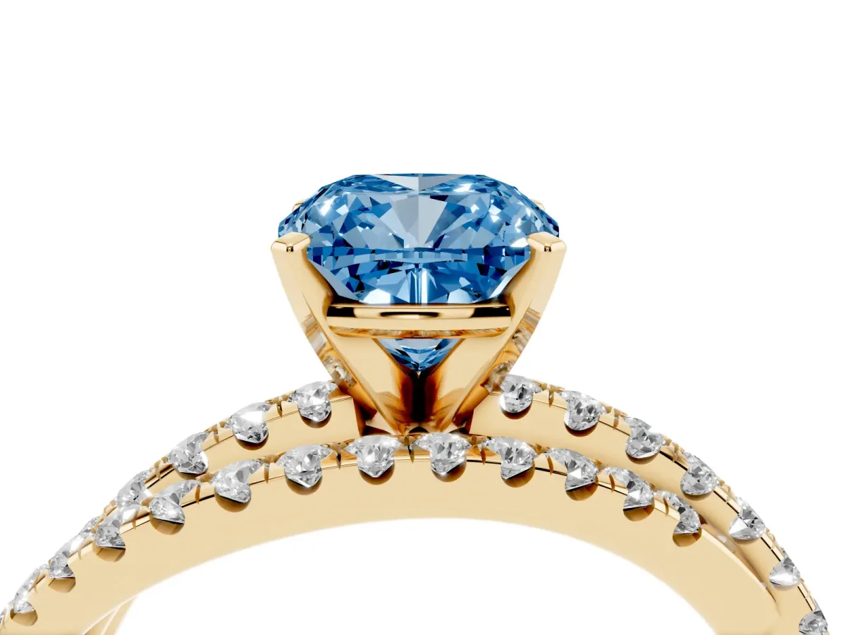 Fancy Blue Cushion Cut Solitaire Twist Band with Pavé Setting and Four-Prong Setting Yellow gold