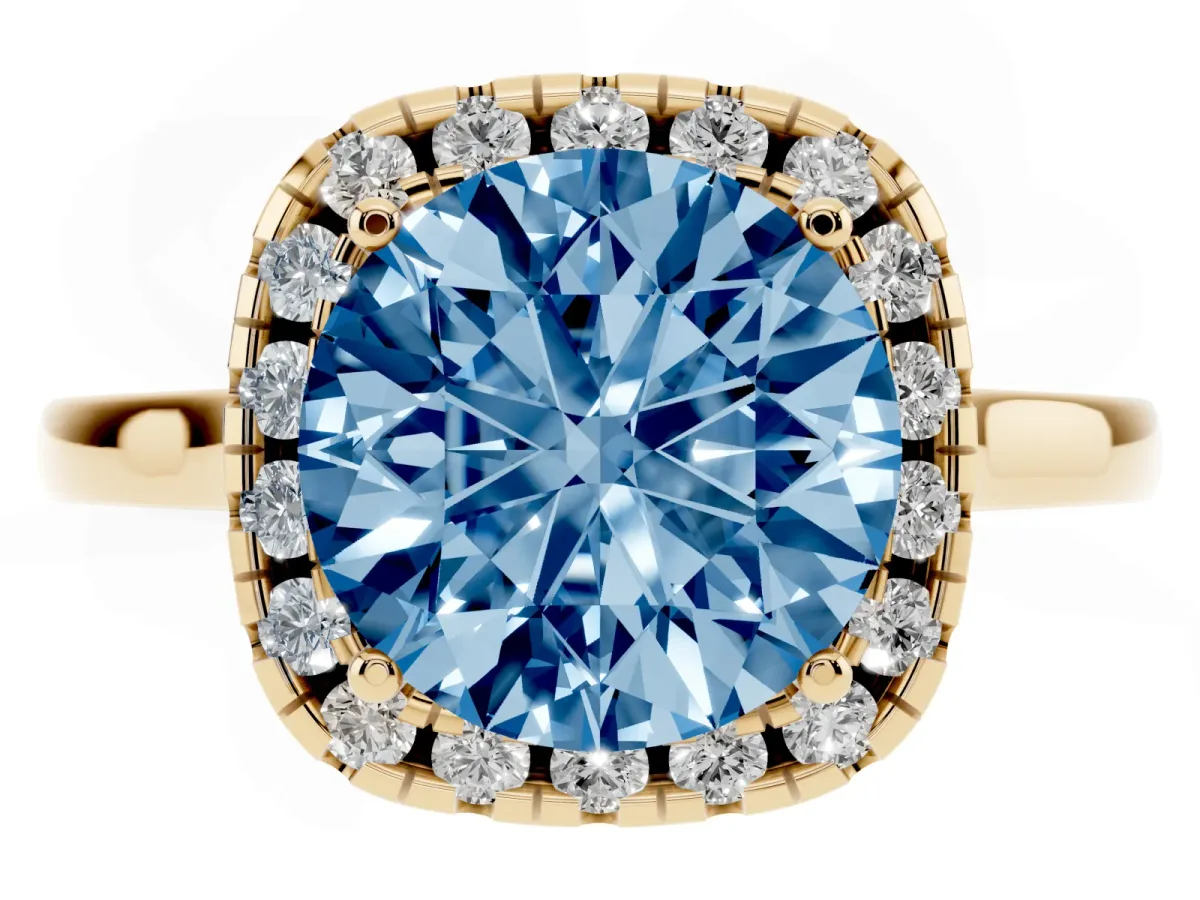 Fancy Blue Round Cut Halo Round Diamond Solitaire Ring with Pavé Band and Four-Prong Setting Yellow gold