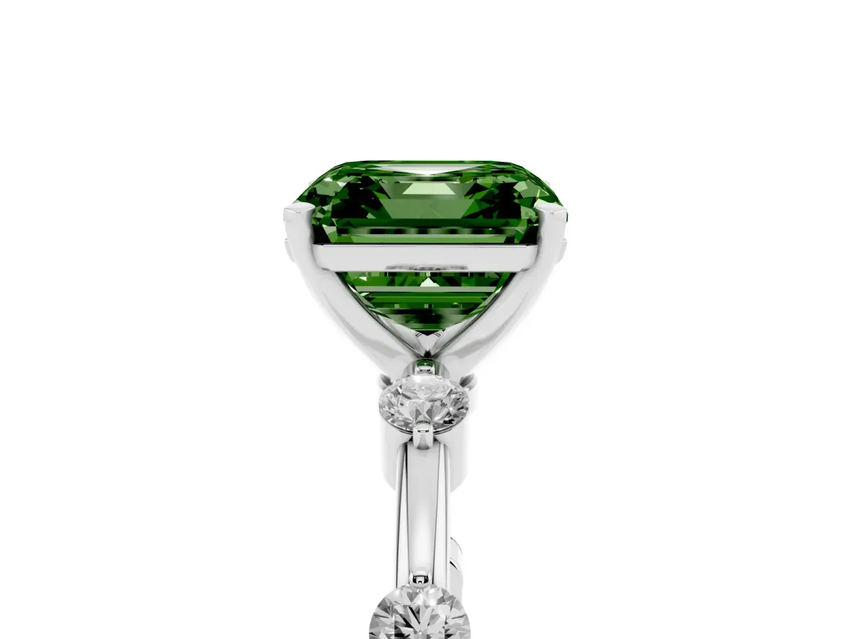 Fancy Green Asscher Cut Solitaire Diamond Ring with Bezel Set Side Stones and Prong Setting Silver