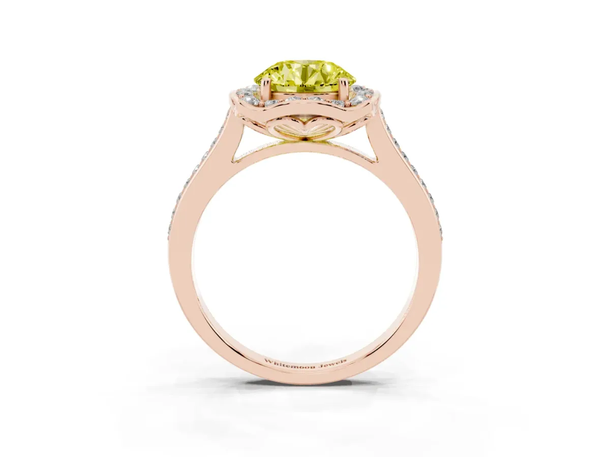 Fancy Yellow Round Cut Halo Round Diamond Pave Band with Four-Prong Setting Rose gold